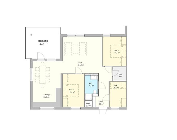 4-roms leilighet Areal: 93 m² BRA Balkong: 16 m² BRA 4-roms leiligheter i bygg A. En 4-roms leilighet har romslig stue, kjøkken med god plass til spisestue, tre soverom, bad, entré og bod.