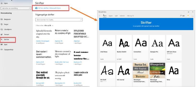 - Skrifter: her kan du velge «Få flere skrifter i Microsoft store».