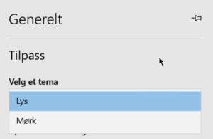 Nyheter i Innstillinger: o Generelt: Under velg et tema har du mulighet til å velge Lys eller Mørk.