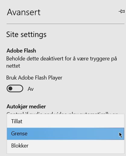 o Avansert: Autokjør medier: Ved å trykke på pilspissen til høyre for Tillat, vil du få 3 valg.