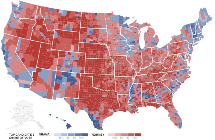 Valgdagsmålingen fra 2012 viser at nesten 70 % av alle de som bor i byer med flere enn en halv million innbyggere, stemte på Obama, mens 62 % av de som bor i byer med flere enn 50 000 innbyggere,