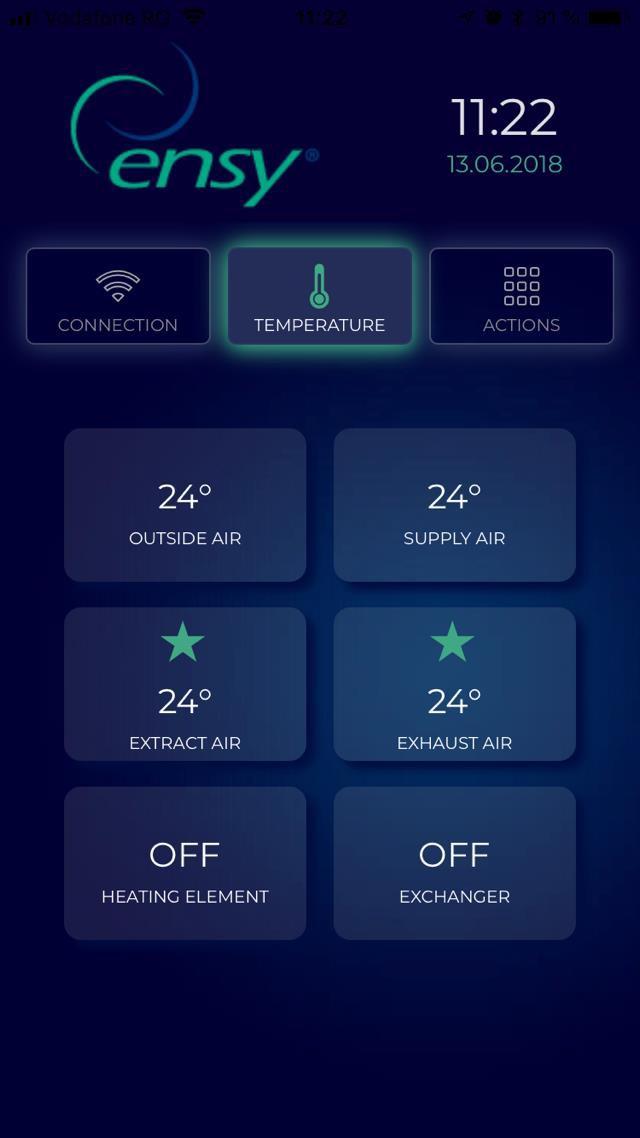 Når konfigurasjonen er ferdig vil «TEMPERATURE» -menyen åpnes på ENSY app (fig. 22) Den tredje knappen i ENSY app er «HANDLING» -menyen (fig. 23) Fig. 23 Fig.