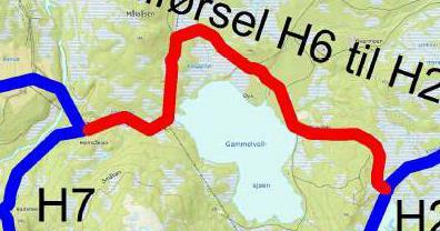 Tilførsel H6 til H20 Fra kryss H7-H6, Østover langs Holmsåa til Gammelvollsjøen. Nord for Kleggmyra så sørøst forbi Øya og kobles til H20. Ca. 5km Traseen ligger i LNFR jf.