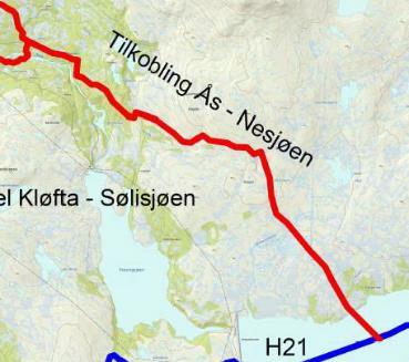 Tilkobling Ås - Nesjøen Østover fra der Ti10 krysser Nebjørgvegen mot Skorsåøyan. Nord for Grabakkvollen, sør for Ristjønna og sør østover mot Nesjøen vest for merkesbekken og kobles til H21. Ca.