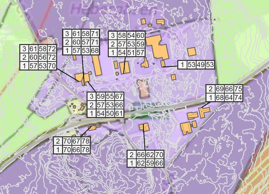 Side 13 av 15 Figur 5. Fasadenivåer for prognosesituasjon 2030. Tabellene viser etasjenummer, Lden, Leq og Lmax.