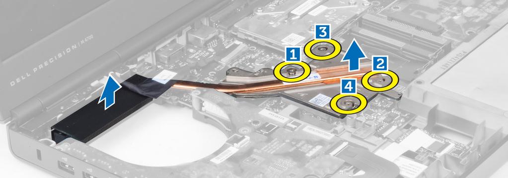 Sette inn varmeavlederen 1. Plasser varmeavlederen i sporet. Trekk til skruene for å feste varmeavlederen til datamaskinen. 2. Sett på plass: a. prosessorvifte b. håndleddstøtte c. harddisk d.