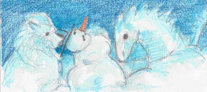 No er og snømannen og dragen godt ut av proposjoner. Snøengelen ser opp og ser på snøen som fell og gløder i lyset frå gatas vokter, som framleis står i rett giv akt.