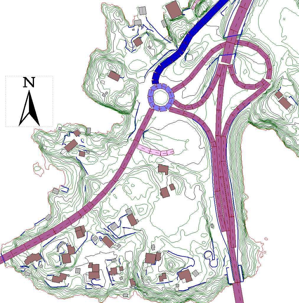 Et utsnitt av beregningsmodellen for dagens situasjon er vist i Figur 3. Tilsvarende utsnitt fra beregningsmodellen for planlagt ny situasjon er vist i Figur 4.