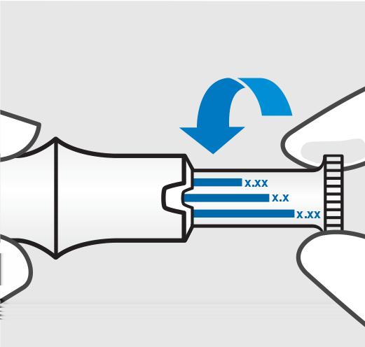 Dosevalg: 0,1 ml 0,15 ml 0,2 ml 0,25 ml 0,3 ml 0,35 ml 0,4 ml 0,45 ml ETTER Sett inn kanylen og hold på plass VIKTIG: Ikke løft den ferdigfylte pennen fra huden under