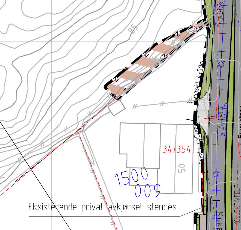 3 Bilde 1: Utklipp fra reguleringsplankart for kollektivfelt Kokstadvegen (planid 17020000) som viser aktuell avkjørsel som tilkomst, og stenging av avkjørselen sør for denne.