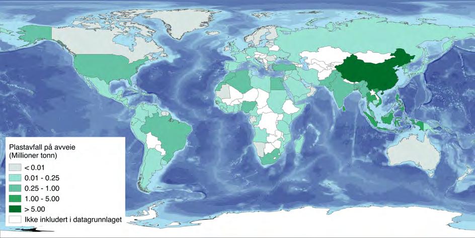 Figur 1.1: Verdenskart som illustrerer den estimerte mengden (vekt i millioner tonn) av generert plastavfall på avveie i 2010 fra befolkede områder innenfor 50 km fra havet (etter Jambeck et al.
