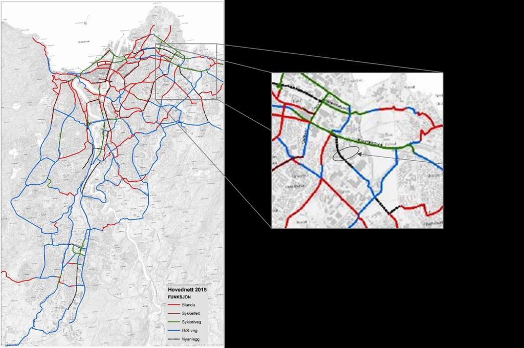 27 5.3.3 Hovednett og nyanlegg for sykkel Figur 16 viser vedtatt hovednett for sykkel i Trondheim kategorisert etter funksjon og systemløsning.