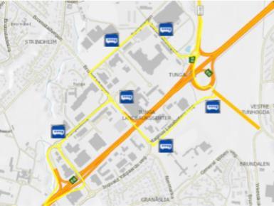 Her ble tre nye MetroBusslinjer skissert som vist i Figur 37: M4 Overvik Brundalsforbindelsen Leangen Strindheimtunnelen Sentrum Flatåsen (sort linje) M5 «Stamlinje øst»-traséen Tiller øst (gul