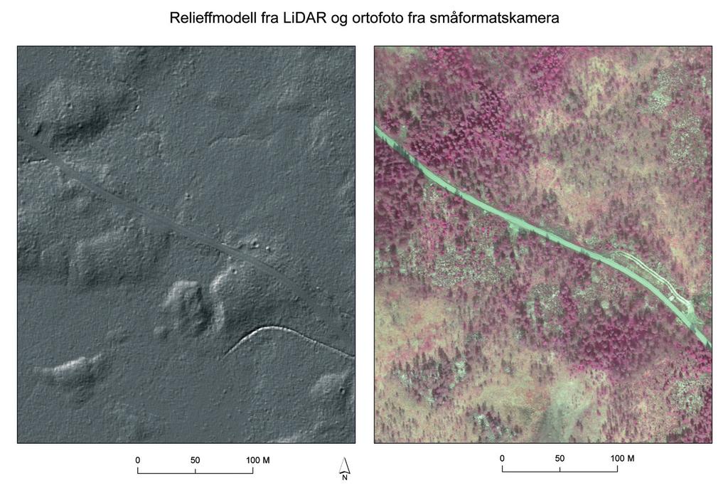 Figur 3. Eksempel på relieffkart og nærinfrarødt flybilde av samme område. effkartene og det var derfor viktig å få et bredt sammensatt spekter av formasjoner å jobbe med.