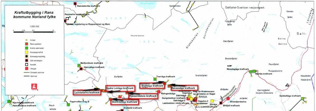 Saksopplysning Søknadene NVE har mottatt søknader fra flere søkere om tillatelse til å bygge 8 småkraftverk i Rana kommune («Ranapakken»). Disse har NVE nå sendt ut på høring samtidig.