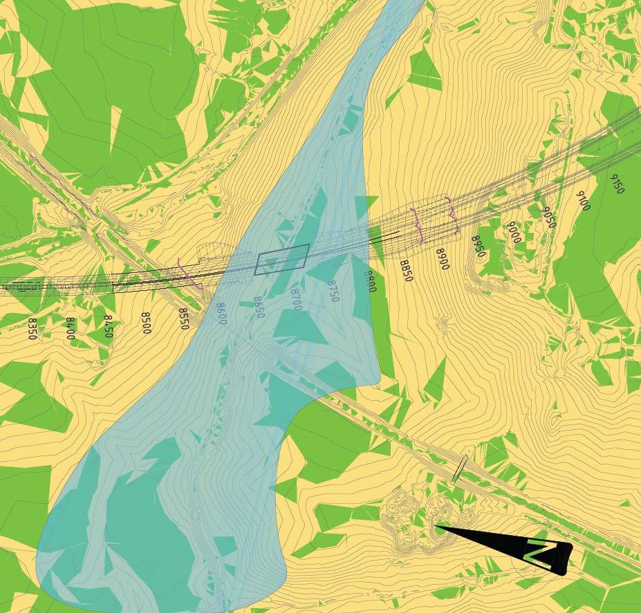 Grønt illustrer helning slakere enn 1:20, gult illustrerer helning brattere enn 1:20. Området med potensielt sprøbruddmateriale er markert med blå skravur.