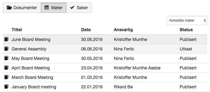 På møteoversikten har du tilgang til alle tidligere og kommende møter. Du kan se status for møtet: Publisert eller Utkast.