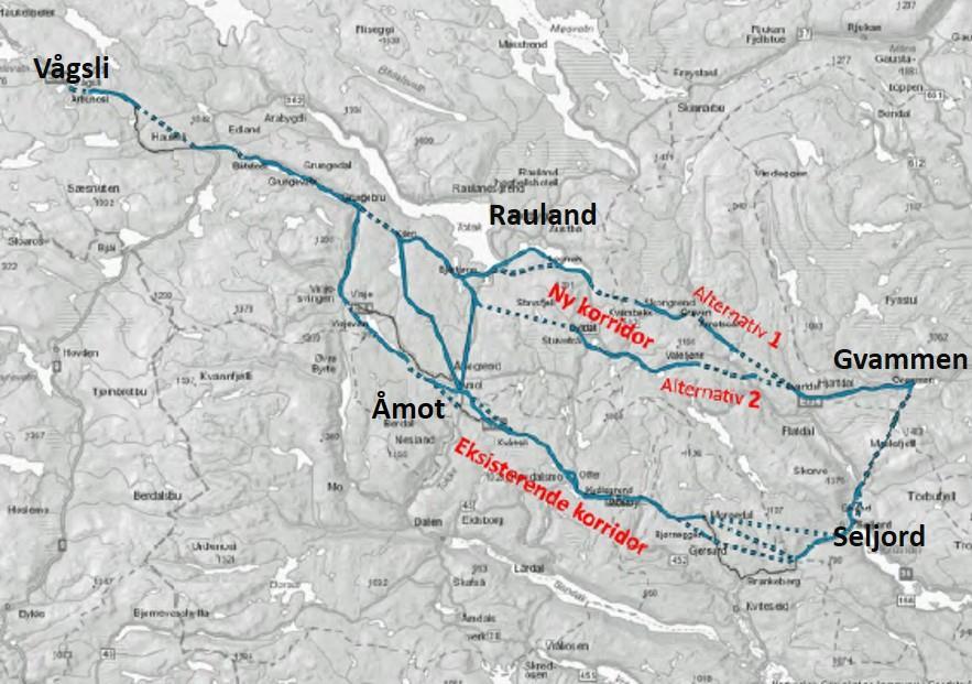 Figur 1-4: De ulike korridorene som er vurdert i KVU for E134 Gvammen Vågsli. I vår modellkjøring, der vi har sett på alternativer forbi Rauland, er det Alternativ 2 i figuren som er benyttet.