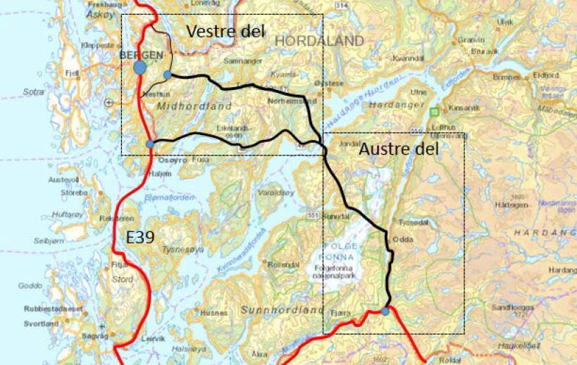 Figur 1-1: Mulige traseer for Hordalandsdiagonalen.