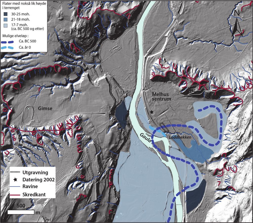 Figur 5. Geomorfologi i området rundt studieområdet. Tolkning av mulige tidligere elvenivå og elveløp basert på strandforskyvningskurve (fig.