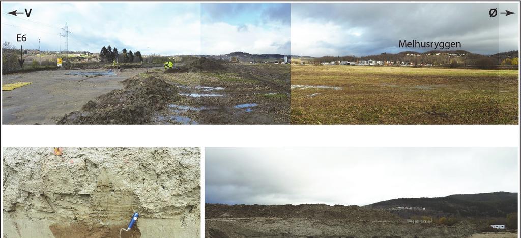 Figur 7. Området med arkeologiske utgravinger på Melhus gård. Opptil 2 m høye skjæringer viste generelt leire over grovere masser. Se tabell 1 og figur 8 for enkel beskrivelse av sedimentene.