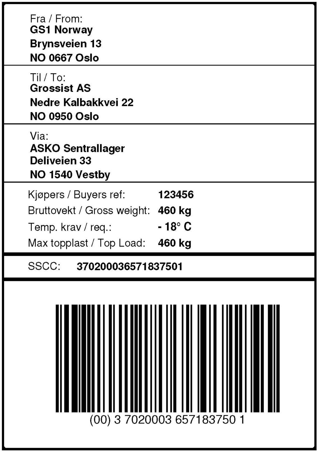 Transportetikett for Standardpall Standardpall merkes med Standard transportetikett for Dagligvarebransjen En GS1 produktetikett på en Standardpall krever merking av SSCC, bruttovekt,