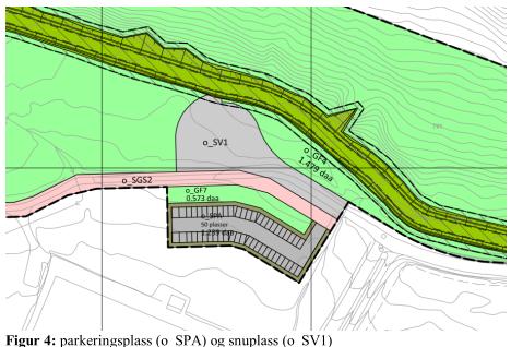 Snuplass Snuplass (o-sv1) nord for parkeringsplassen videreføres fra plan 0532. Gang- og sykkelveg Gang- og sykkelveg fra plan 0532 videreføres i planforslaget.