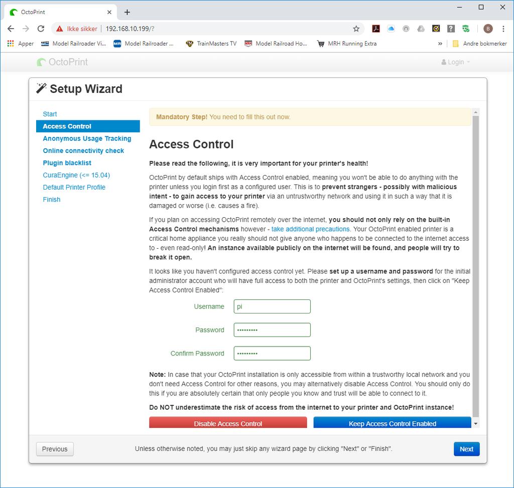 Sett opp tilgangskontroll for å begrense tilgang til OctoPrint og 3D skriveren.