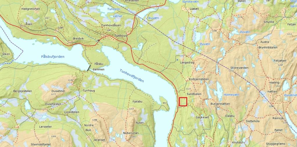 4. Beskrivelse av planområdet, eksisterende forhold 4.1 Områdeavgrensning og lokalisering. Planområdet ligger mellom cote 755 og cote 780 langs Fv. 120, Tunhovdveien, i Nore og Uvdal kommune. Figur 3.