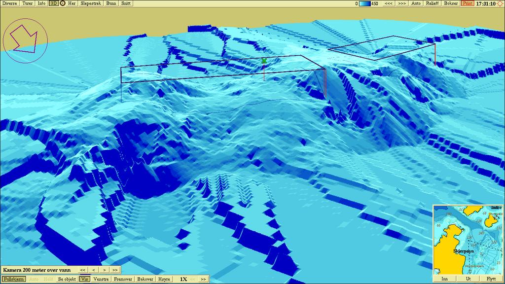 Perspektivisk 3D Figur 4: Tredimensjonal bunntopografi (sett fra nordvest) ved Skjerpsøyskjæra. Kartkilde: Olex.