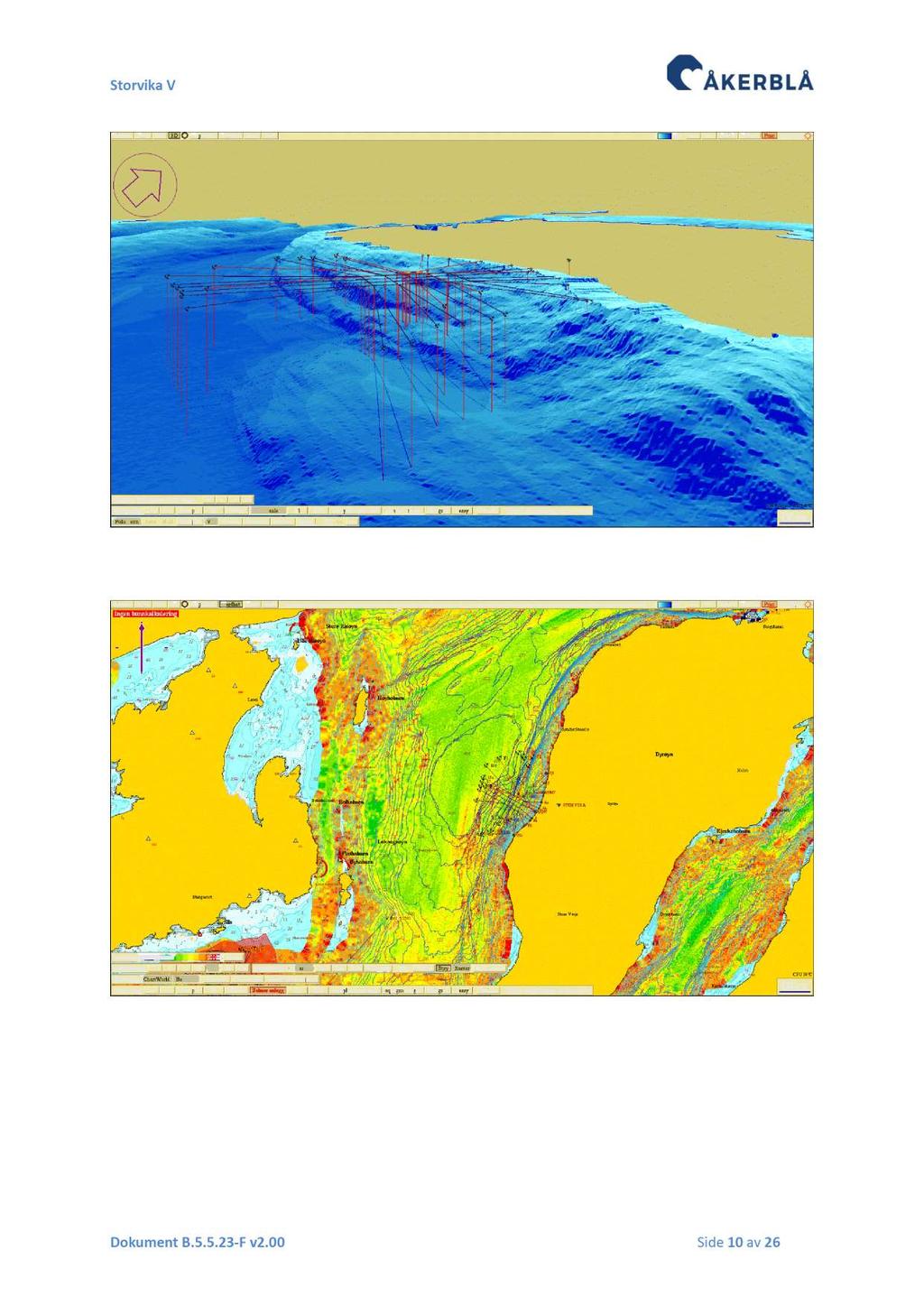Figur 3.1. 2 Planlagt anleggsramme med 3 - dim ensjonal fremstilling av bunntopografien. Kartet er orientert mot nordøst, og mørkere blå farge representerer dypere områder.