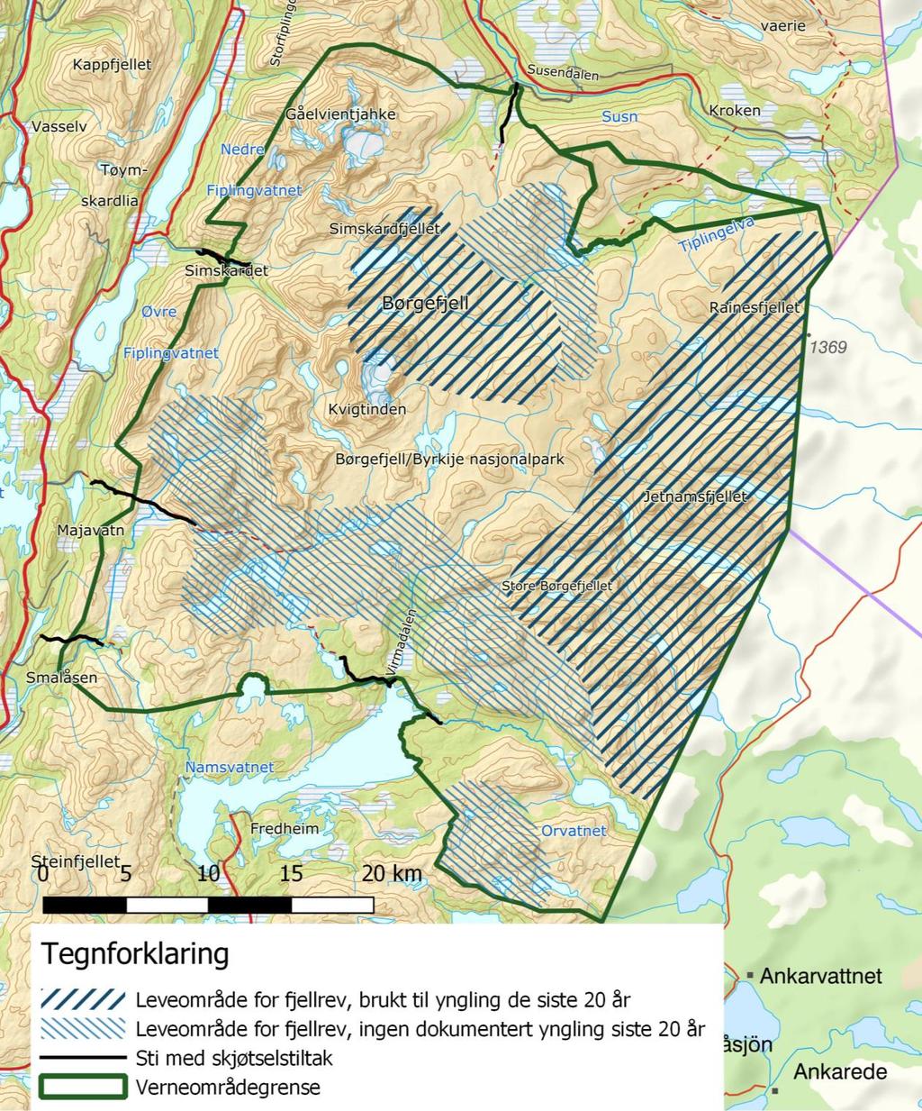 15 Kartet viser forekomst av fjellrev i Børgefjell.