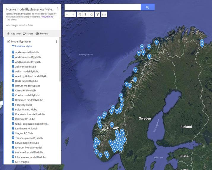 Modellflyplasser på kart Kartet er distribuert til Luftfartstilsynet (hvor det er nevnt i guideboka for småflyging i Norge «VFR-guide for