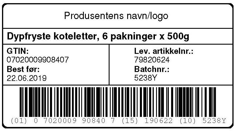 GTIN for D-pak Navn på merkeeier Varetekst Batch/Lot nr Best før dato 1) 01 Merkes ikke Merkes ikke 10 dersom dersom 15 F-pak har påtrykt best F-pak har påtrykt best før dato før dato Netto vekt for