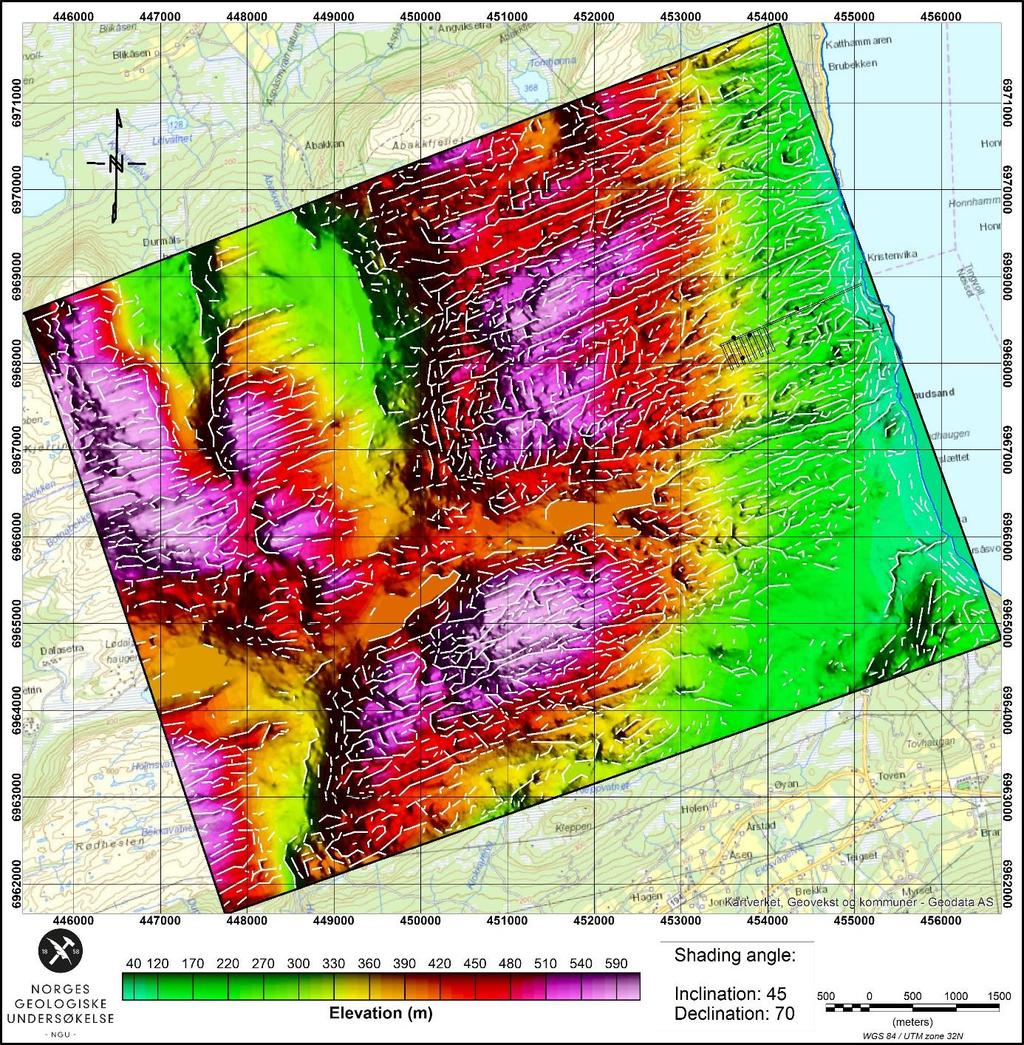 Figur 12: Alle indikerte lineamenter plottet i hvitt på digital terrengmodell. Data er belyst med fiktiv sol 45 o over horisonten i retning 70 o (NØ-Ø).