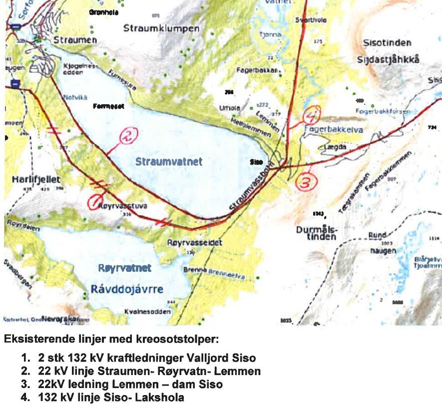 Side 5 Figur 3: Siso Energis oversikt over eksisterende tremast-ledninger som er bygget i nedslagsfeltet for Straumen drikkevannskilde. Nordland fylkeskommune vedtok følgende i fylkesråd 10.