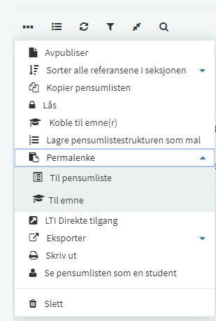 12. DELE EN PENSUMLISTE (AKADEMIKA OSV.) Det er to måter å dele en pensumliste med andre på. Hvis listen ER publisert: Trykk på de tre prikkene oppe til venstre når du står i pensumlisten du vil dele.