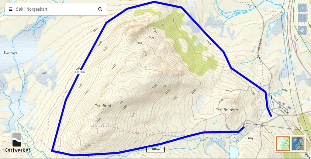 Kart 1: Forslag til skiløype rundt Tverrfjellet.