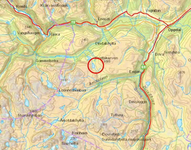 Figur 1. Området for kjøresporet fra Søndre Snøfjellstjønn til Tverrfjellet i Oppdal kommune.