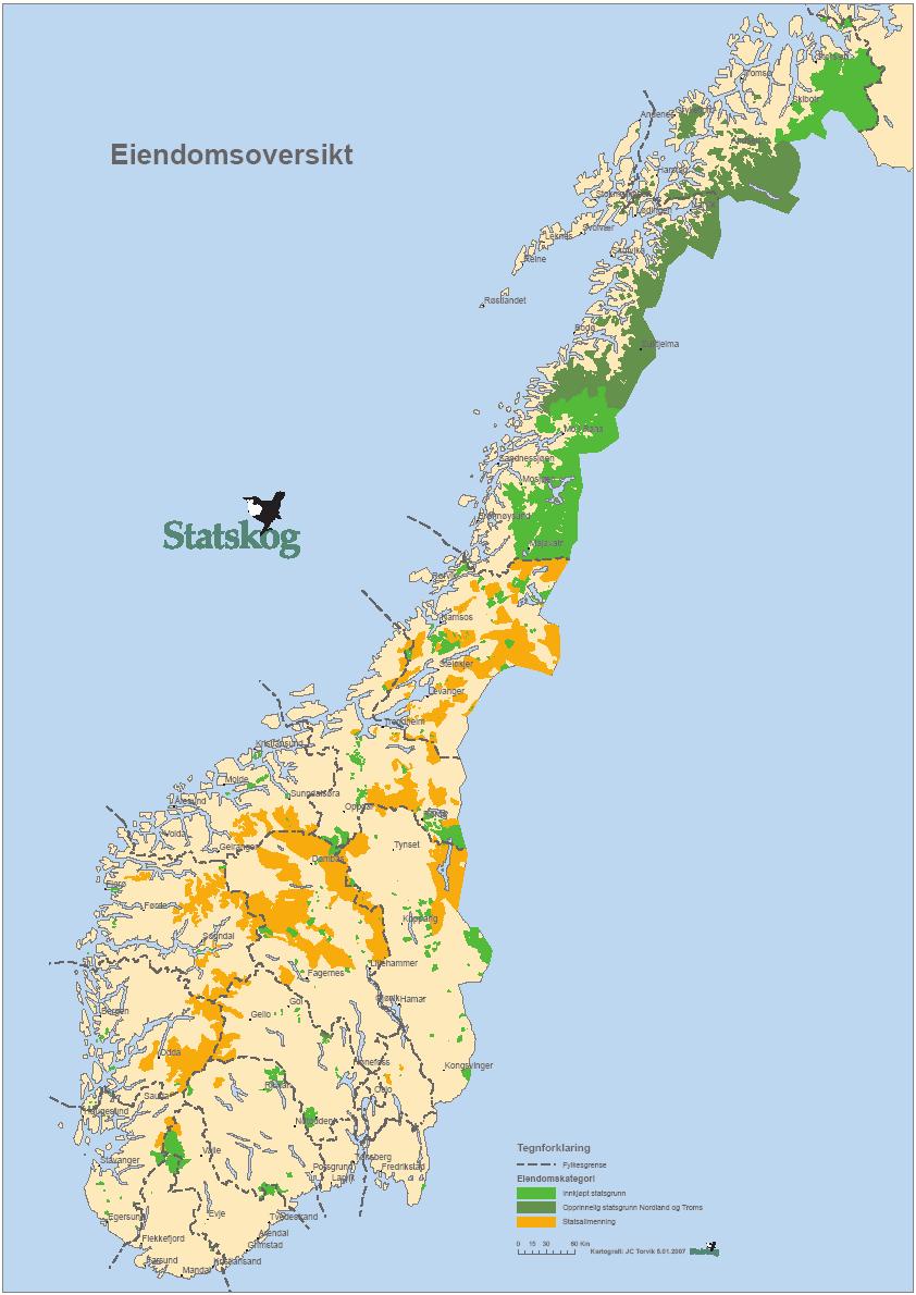 Figur 1: Kart over lokaliseringen av Statskogs eiendommer i Norge. Det viser tre ulike kategorier eiendom mht.