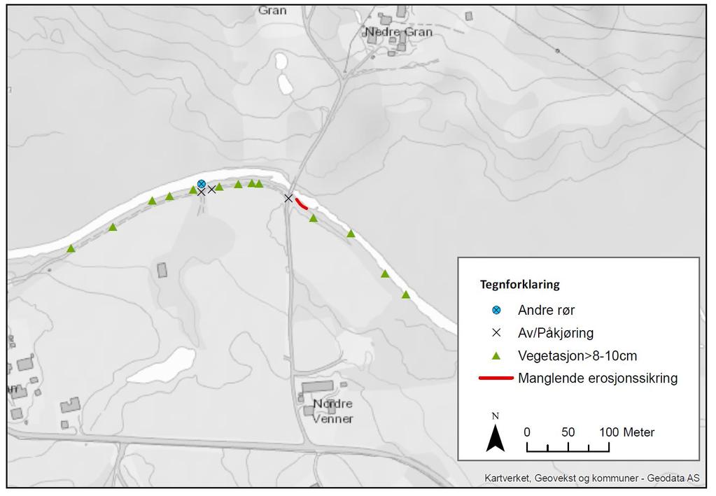 Feltregistreringer Figur 6: Observasjoner ved Sandbråten flomverk. Sandbråten flomverk består av en 480 m lang flomvoll med kjørbar vei på toppen.