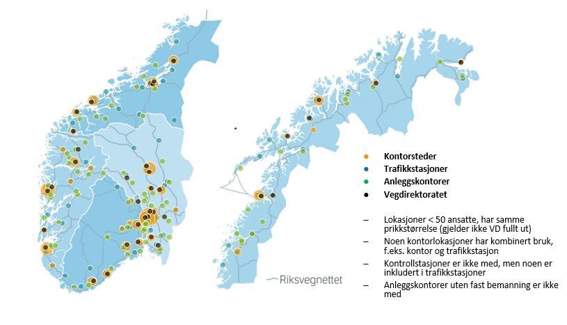 Figur 3 Lokalisering av Statens vegvesen i 209 Omfang og lokalisering av dagens kontorer, er en konsekvens av stedsavhengige oppgaver, oppgaveomfang og historiske valg.