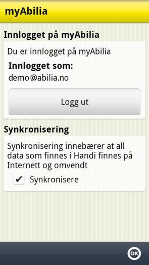 Det gjøres via Handi Innstillinger myabilia. Følgende skjerm vises: Skriv inn brukernavn og passord, og trykk på Logg inn. Hvis logg inn til myabilia mislykkes, får man en feilmelding om årsaken.