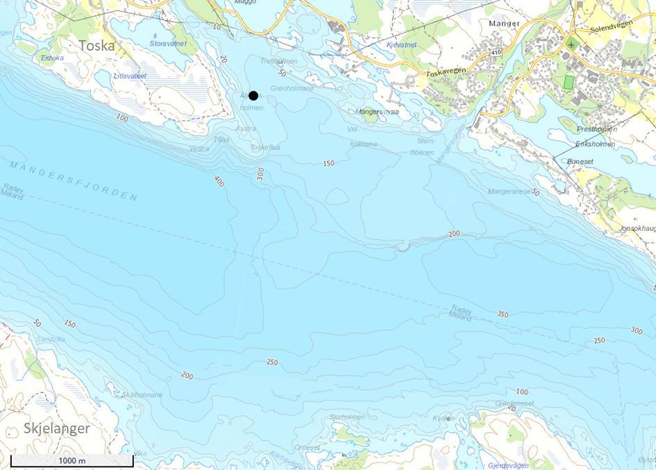 Mellom Toska og Skjelanger er Mangersfjorden over 400 m djup over eit stort område, og det grunnast nokså bratt opp mot land langs både nord- og sørsida av fjorden (figur 3).