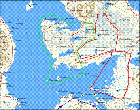 Gimsøya vindpark. Planområde i grønt. Naturreservater i rødt.