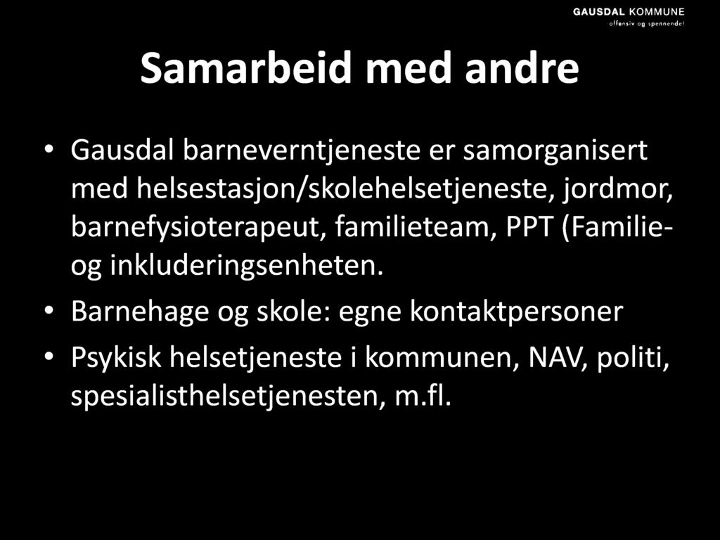 Samarbeid med andre Gausdal barneverntjeneste er samorganisert med helsestasjon/skolehelsetjeneste, jordmor, barnefysioterapeut, familieteam, PPT