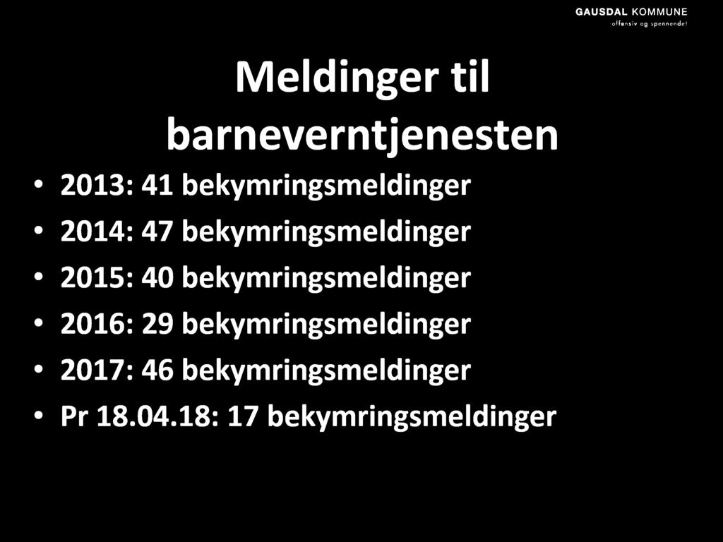 Meldinger til barneverntjenesten 2013: 41 bekymringsmeldinger 2014: 47 bekymringsmeldinger 2015: 40