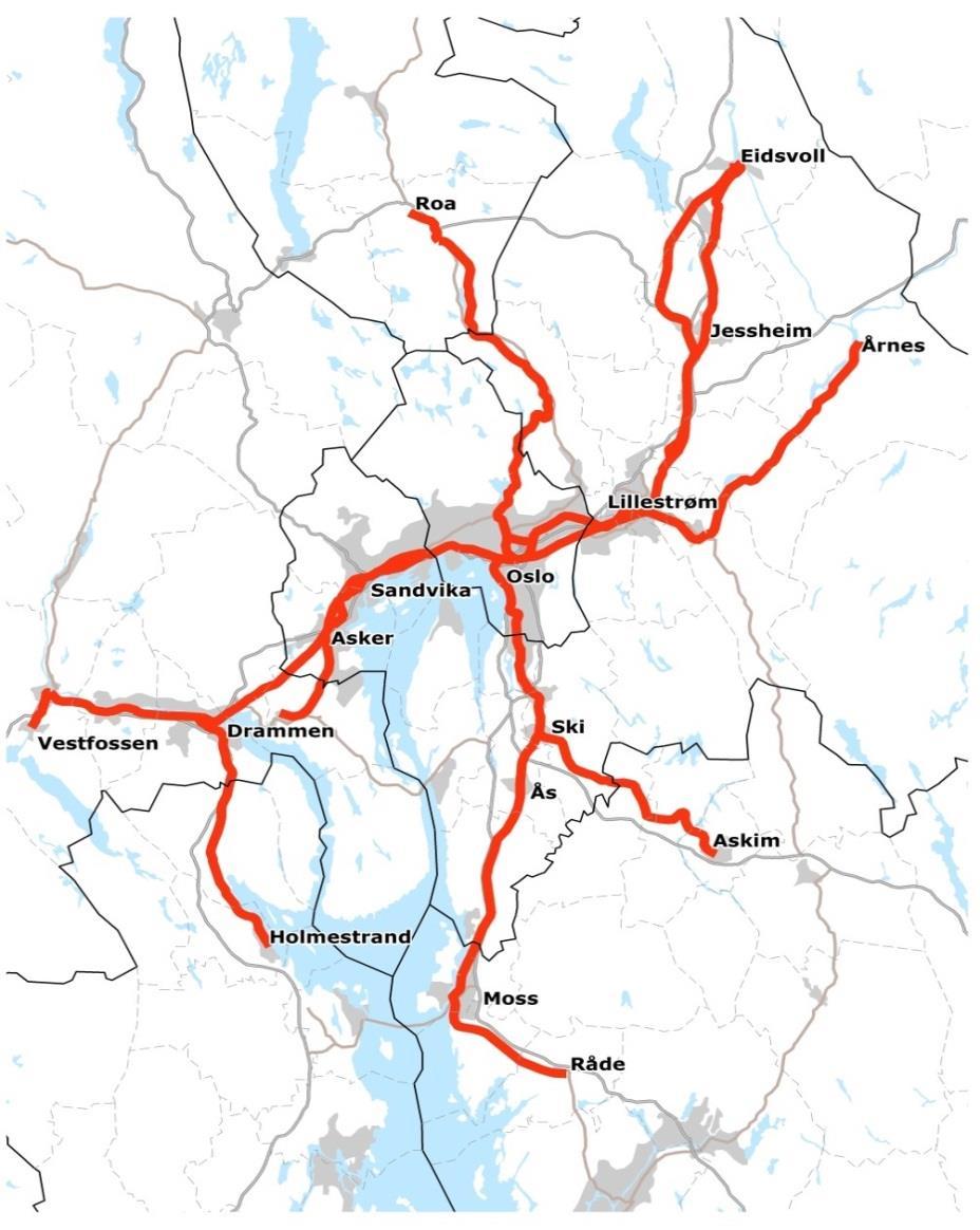 Hønefoss (35 min) Hamar (55 min), Fredrikstad (47 min) og Tønsberg (1 time). Halden vil så vidt havne utenfor dette området (1 time 8 minutter).