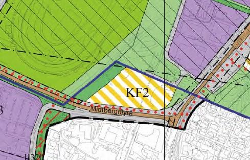 Forslag 18: KF2 endres til formål «Næringsbebyggelse». Reguleringsplan for kollektivfelt langs Fv.