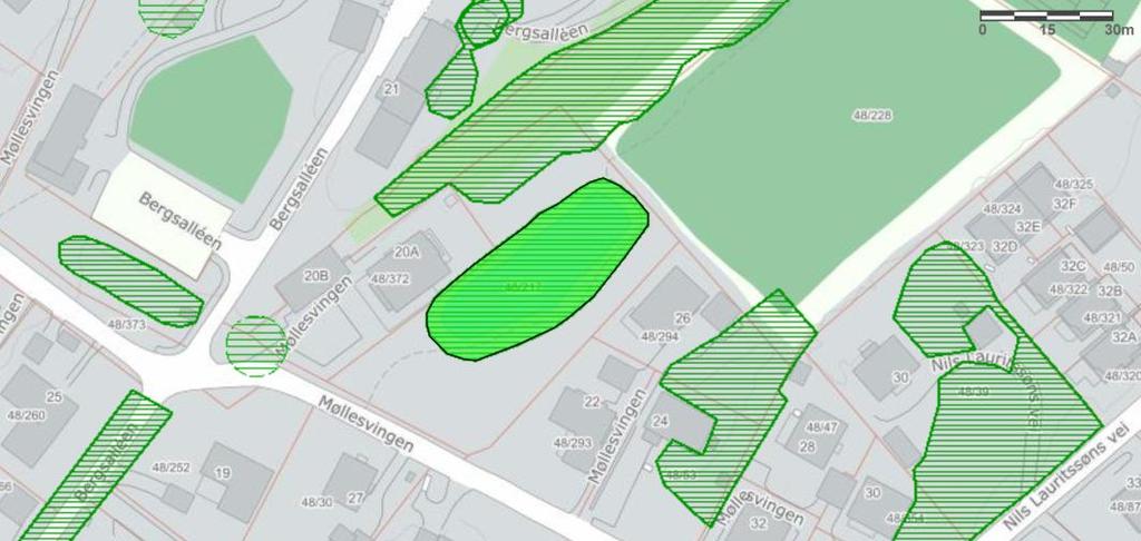 Lokaliteten har et totalområde på 1,1 daa (Miljødirektoratet, 2018). Figur 3.14. Kart over dammen ved Møllesvingen 20. Kartgrunnlag: kartverket. Lokaliteten ble undersøkt 25-27.